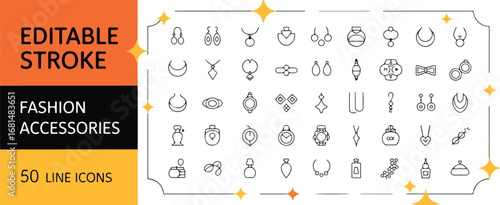 A collection of 50 thin line art jewelry and fashion accessory icons arranged in a grid format.Editable stroke.