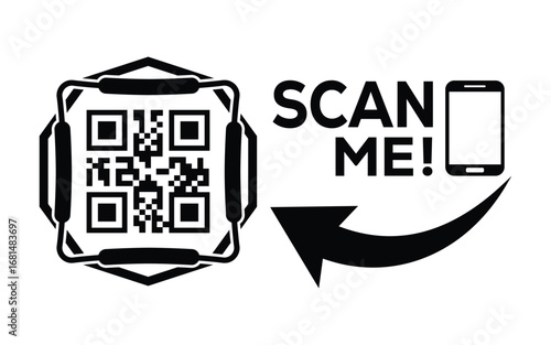 Minimalist black QR code graphic with frame, bold “SCAN ME!” text, smartphone outline, and curved arrow on white background. Clean, modern, digital design for tech or marketing use.