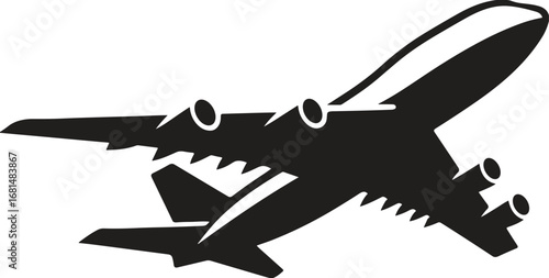 Silhouette of passenger airplane flying in sky, travel aviation symbol, jet aircraft transportation, black vector design illustration