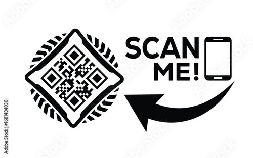 Minimalist black QR code graphic with frame, bold “SCAN ME!” text, smartphone outline, and curved arrow on white background. Clean, modern, digital design for tech or marketing use.