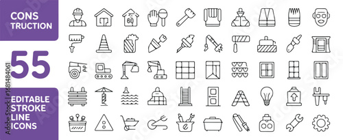 A collection of 55 construction and building-related line art icons arranged in a grid format .