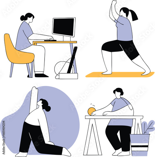 People performing diverse fitness routines and office work for healthy lifestyle