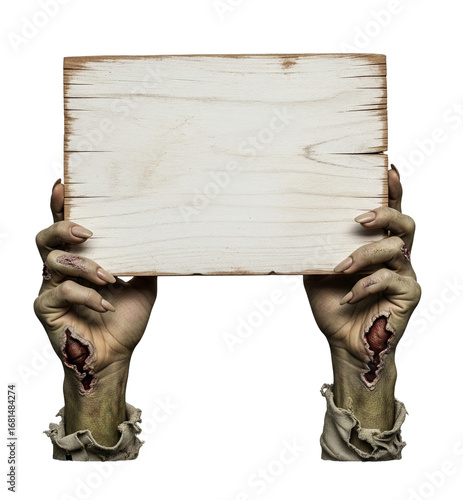 Zombie hands holding blank sign isolated on white background