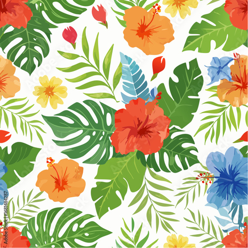 A pattern of tropical flowers and leaves on a white background generative ai
4