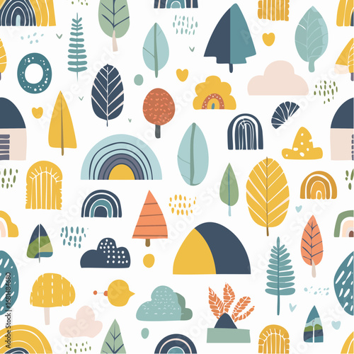 Pattern of spring season theme with flowers draw illustration style
2