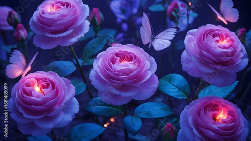 Wallpaper Mural Enchanting close up of luminous purple roses with delicate butterflies fluttering in a magical twilight garden setting Torontodigital.ca
