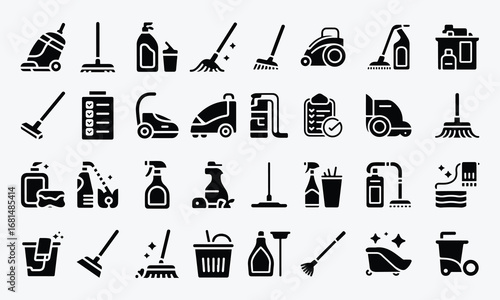 Cleaning Vector Icons Set. Containing cleaning, scrub wipe, sanitize, bucket and more. Vector Illustration