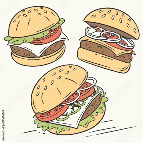 Vector art of three delicious handdrawn hamburgers with fresh lettuce, tomato, and onion slices, presented in a charming cartoon style