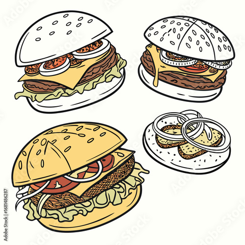Vector art of four delicious cartoonstyle hamburgers and onion rings, perfect for food illustration and design
