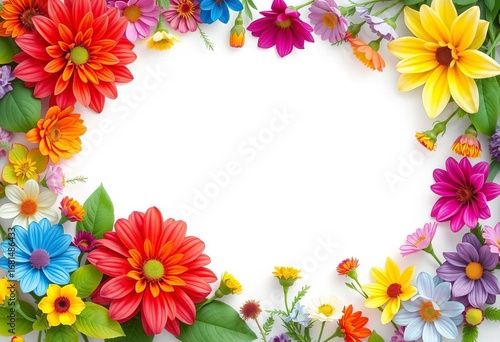 Vibrant floral frame, colorful blooms border blank space,  background,  artwork