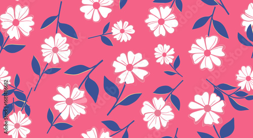 Delightful floral pattern with white daisy-like flowers and rich blue leaves on vibrant pink