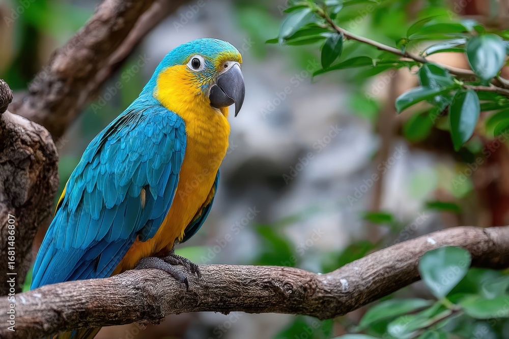 Fototapeta premium Blue and yellow macaw perched on a branch