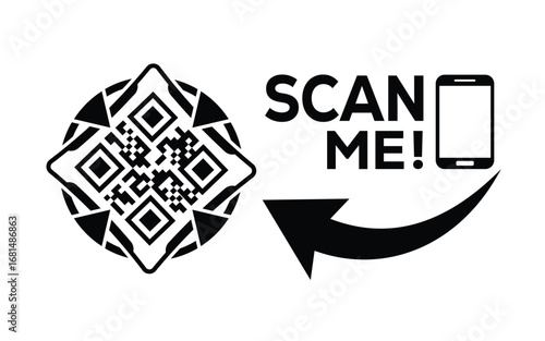 Minimalist black QR code graphic with frame, bold “SCAN ME!” text, smartphone outline, and curved arrow on white background. Clean, modern, digital design for tech or marketing use.