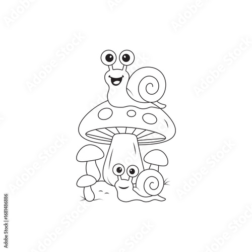 cute cartoon snails with mushrooms – black and white line art for coloring pages and kids' designs.