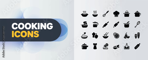 A collection of black and white cooking and kitchen icons arranged on a white background.  Editable stroke.