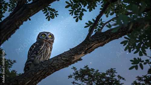 Brown owl sits on tree branch against a starry sky. For wildlife photography, posters, and educational materials.