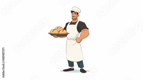 Baker holding tray of bread cartoon illustration