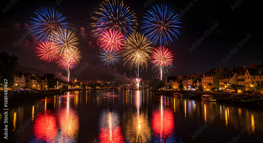 Fototapeta premium Vibrant fireworks explode over a city at night, with colorful reflections shimmering in the river below.