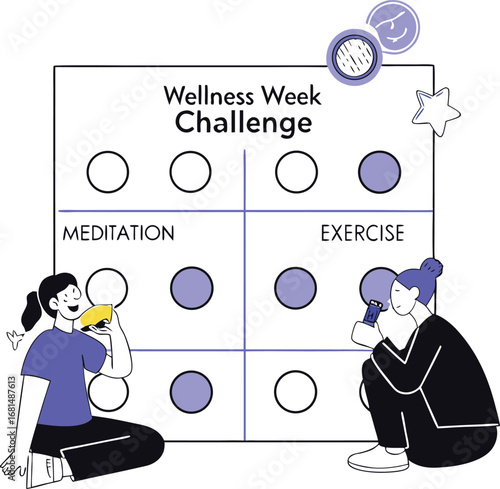 Wellness week challenge fitness routine chart with people meditating and exercising