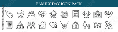 Family Day icon pack with love and togetherness, Collection of Family Day line icons featuring parents, children, homes, hearts, and love symbols for celebrating family and unity.

