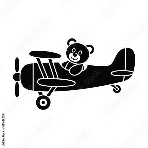 Cute teddy bear flying in a vintage biplane silhouette