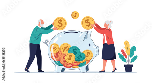 Elderly couple saving money in a piggy bank for retirement and financial security illustration