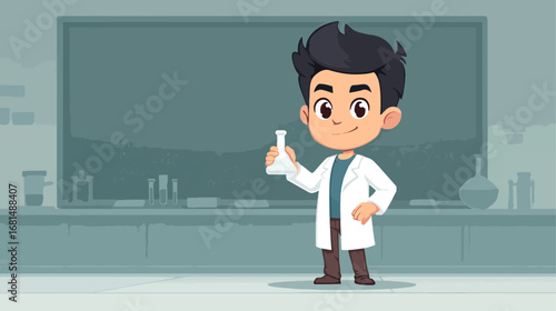 Boy in lab coat holding beaker educational illustration