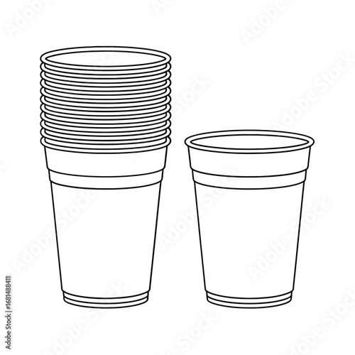 Stack of disposable plastic cups and one single cup illustration