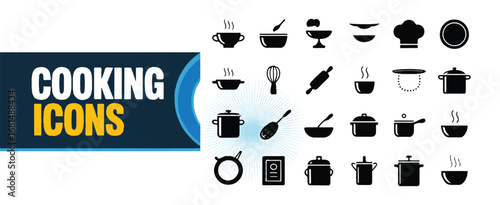 A collection of black and white cooking and kitchen icons arranged on a white background.  Editable stroke.