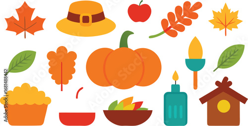 Vector art of set of fall holiday icons including pumpkins, leaves, pie, candles, and a pilgrim hat