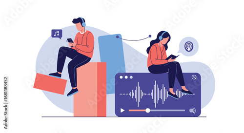 People listen to music and podcasts on their phones using headphones and sharing content wirelessly