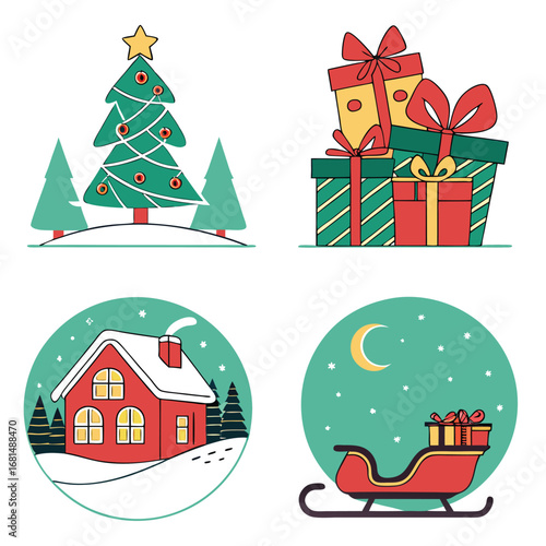 Wallpaper Mural Vector art of collection of four festive christmas illustrations featuring a decorated tree, gift boxes, a cozy house, and a sleigh with presents, perfect for holiday designs Torontodigital.ca