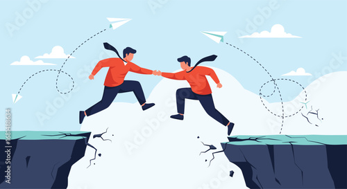 Two businessmen shaking hands mid air while jumping across a dangerous chasm symbolizing collaboration and overcoming challenges together