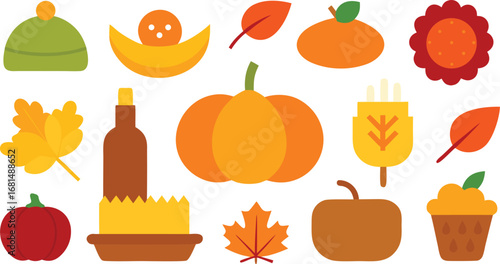Vector art of variety of autumnal elements including pumpkins, leaves, bottles, and cupcakes