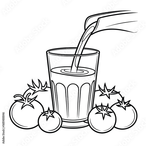 Hand drawn sketch of tomato juice being poured into a glass surrounded by fresh tomatoes