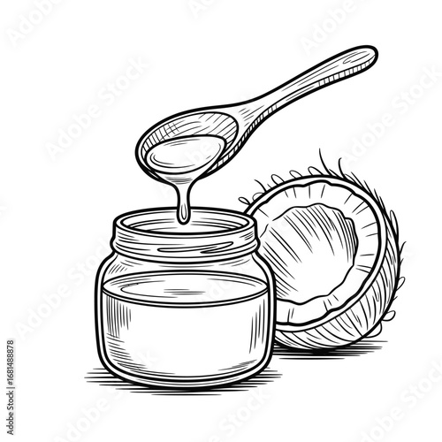 Hand drawn sketch of coconut oil being poured from a wooden spoon into a glass jar next to a coconut half