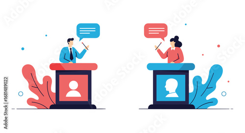 Illustration of two people engaged in a political debate at podiums with speech bubbles above them
