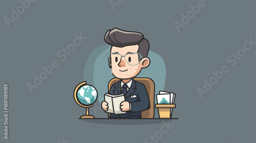 Businessman reading book at workplace illustration