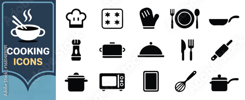 A collection of black and white cooking and kitchen icons arranged on a white background.  Editable stroke.