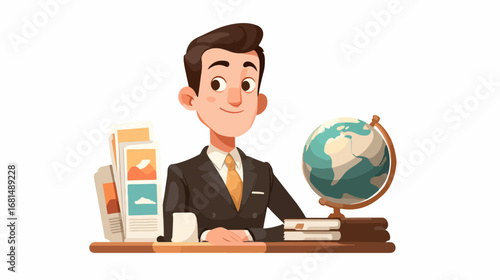 Businessman reviewing travel brochures and globe