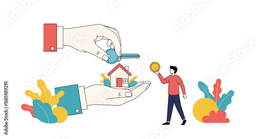 Real estate transaction handing over keys and house ownership to new buyer