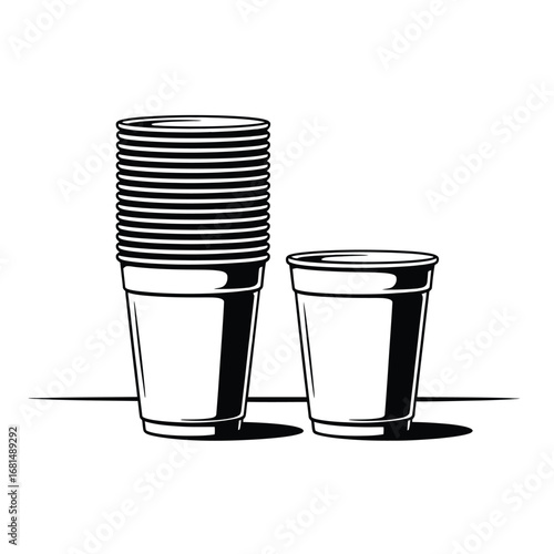 Stack of disposable paper cups and one single cup on a white background