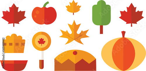 Vector art of assortment of fall symbols like maple leaves, pumpkin, pie, and lollipop