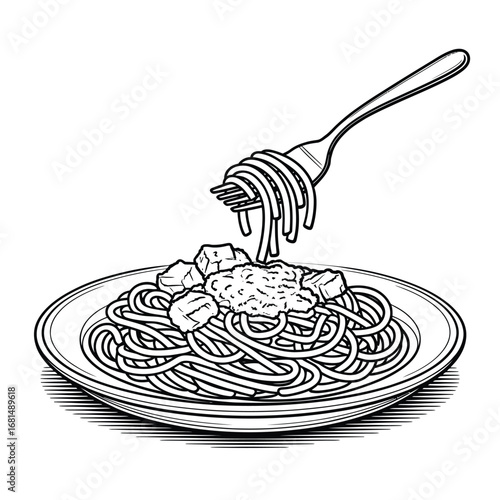 Hand drawn illustration of spaghetti with meatballs and sauce on a plate with a fork