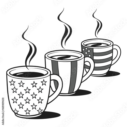 Vector art of three steaming coffee cups, one decorated with stars, another with stripes, and the third with the american flag pattern, isolated on white background