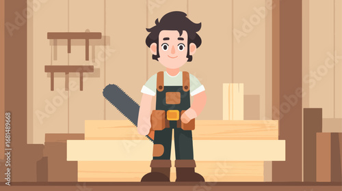 Carpenter with chainsaw in workshop