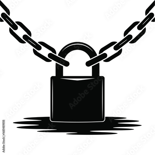 Black padlock secured with heavy metal chains on a white background