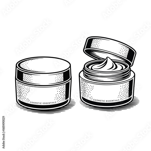 Hand drawn sketch of two cosmetic cream jars one open with cream