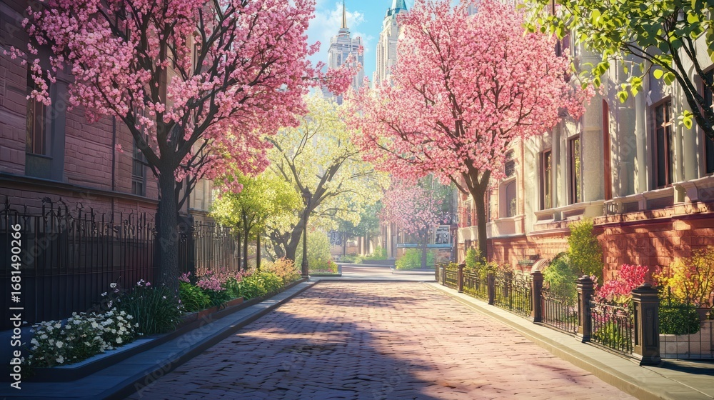 Naklejka premium A beautiful street lined with pink blossom trees, inviting tranquility and peace