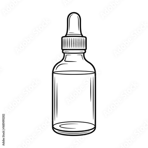 Hand drawn illustration of a clear glass dropper bottle with liquid